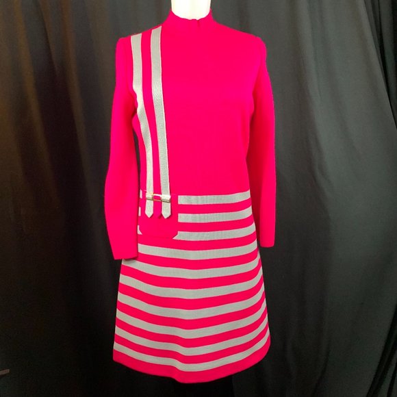 Vintage Marco Polo Imports Virgin Acrylic 1970's Mod Neon Fuchsia & Grey Dress - Picture 1 of 11